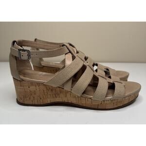 Eileen Fisher Cork Wedge Sandal Womens 8 Sand Leather Twill Buckle Strappy Shoe